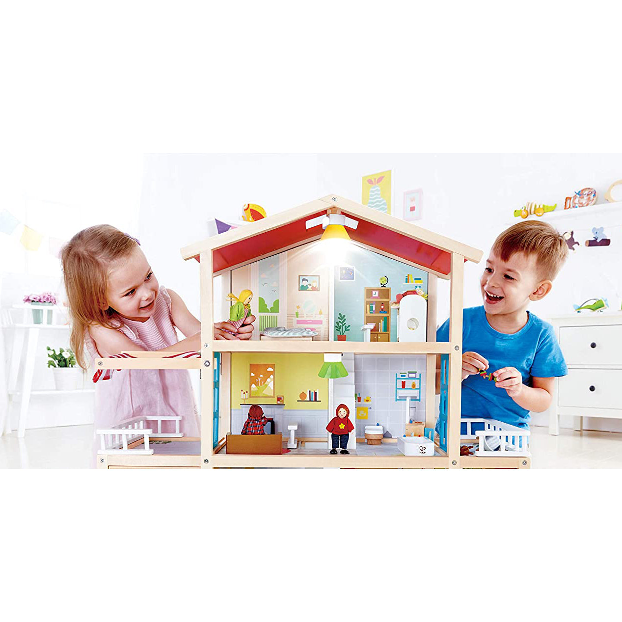 Hape All Season Kids 10 Room Dollhouse Bundle with Wooden Family Play Toy Car