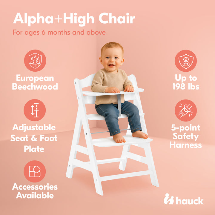 hauck Alpha+ Grow Along Adjustable Wooden Highchair, Beechwood, White (Open Box)