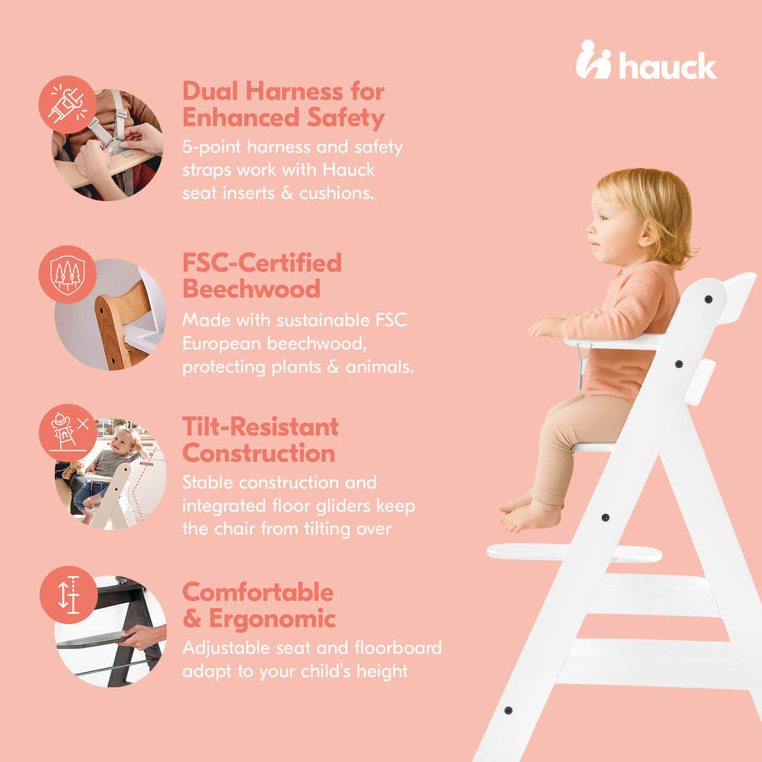 hauck Alpha+ Grow Along Adjustable Wooden Highchair, Beechwood, White (Open Box) - VMInnovations