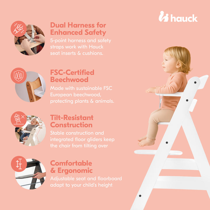 hauck Alpha+ Grow Along Adjustable Wooden Highchair, Beechwood, White (Open Box)