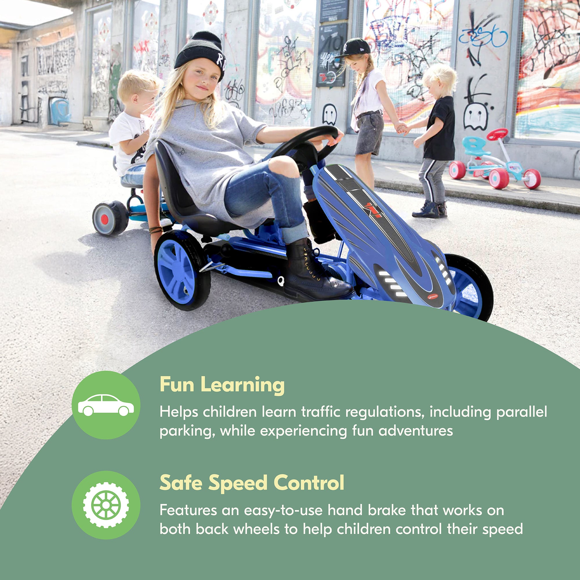 hauck Speedster Pedal Go Kart with Adjustable Bucket Seat, Kids Ages 4-8, Blue