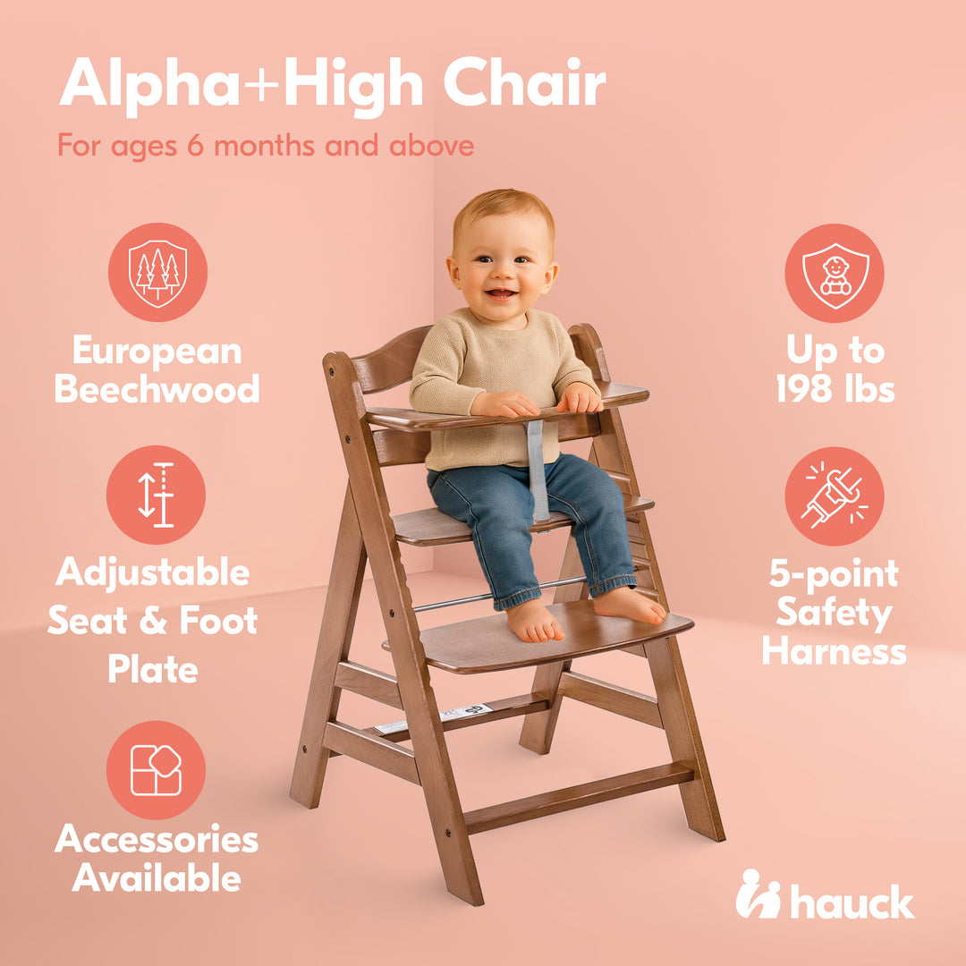 hauck Alpha+ Grow Along Adjustable Wooden Booster High Chair, Beechwood, Walnut