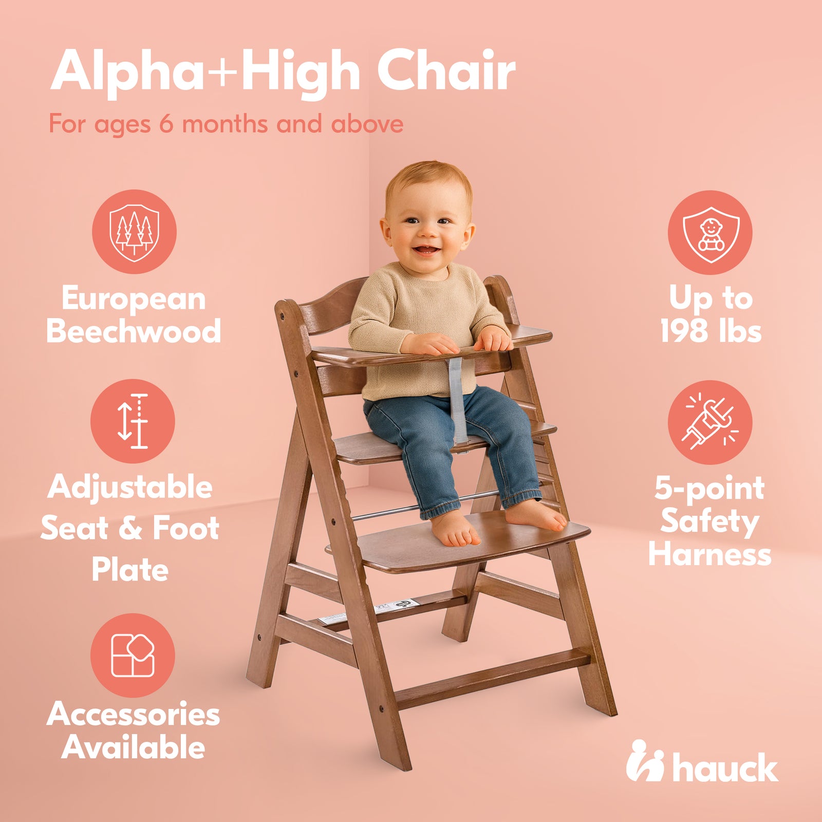 hauck Alpha+ Grow Along Adjustable Wooden Booster High Chair, Beechwood, Walnut - VMInnovations