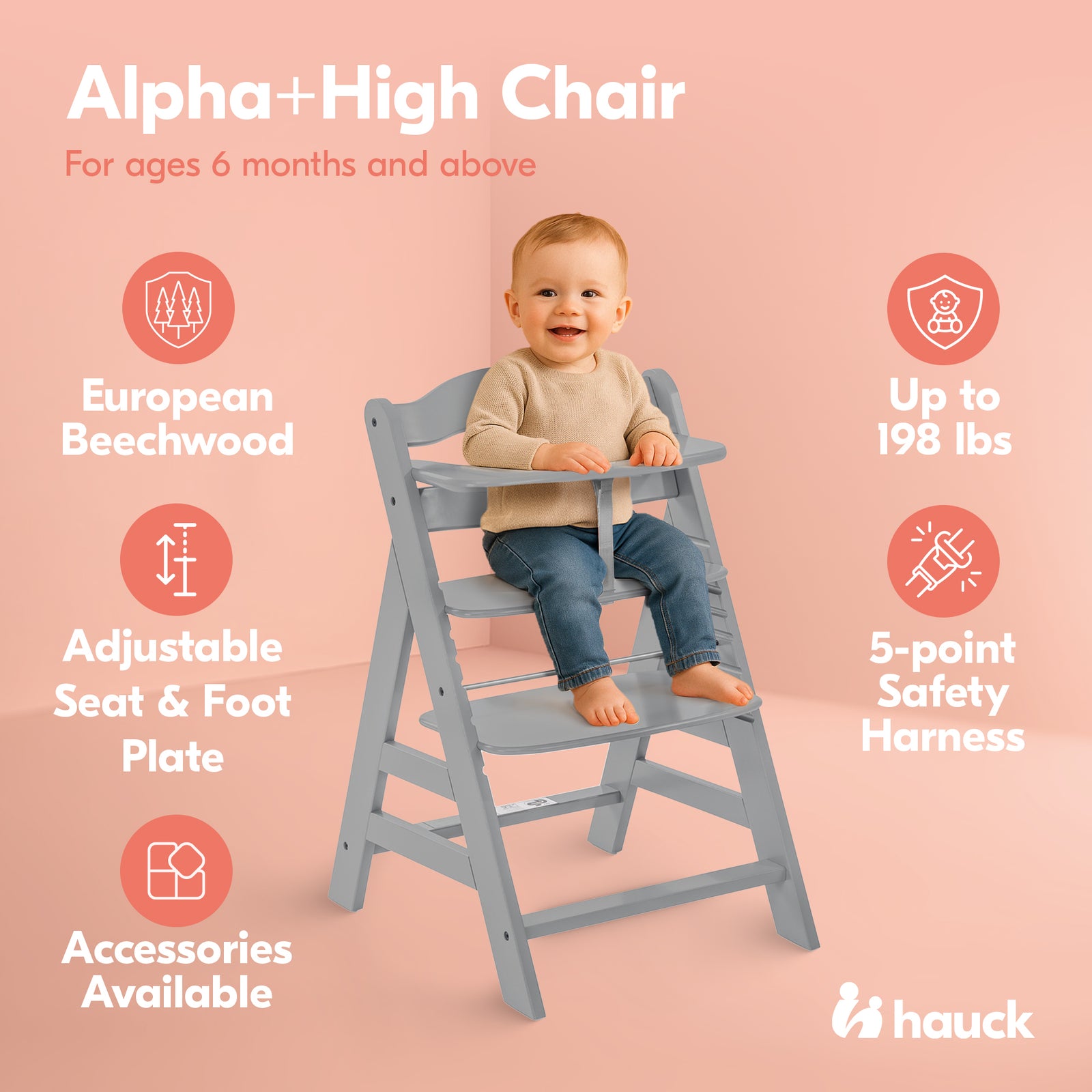 hauck Alpha+ Grow Along Adjustable Boosted Wooden Highchair, Beechwood, Grey - VMInnovations