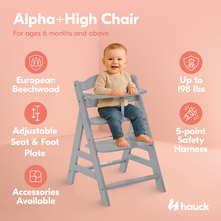 hauck Alpha+ Grow Along Adjustable Boosted Wooden Highchair, Beechwood, Grey
