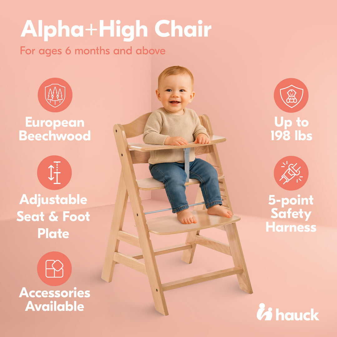hauck Alpha+ Grow Along Adjustable Wooden Highchair Seat, Beechwood, Natural