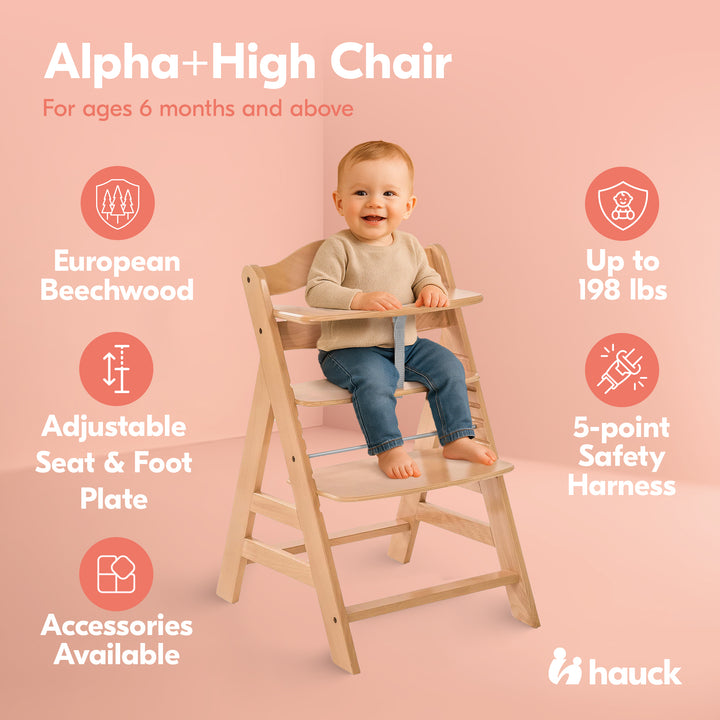 hauck Alpha+ Grow Along Adjustable Wooden Highchair Seat, Beechwood, Natural