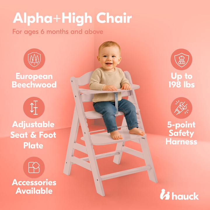 hauck Alpha+ Grow Along Adjustable Wooden Highchair, Beechwood, Rose Finish