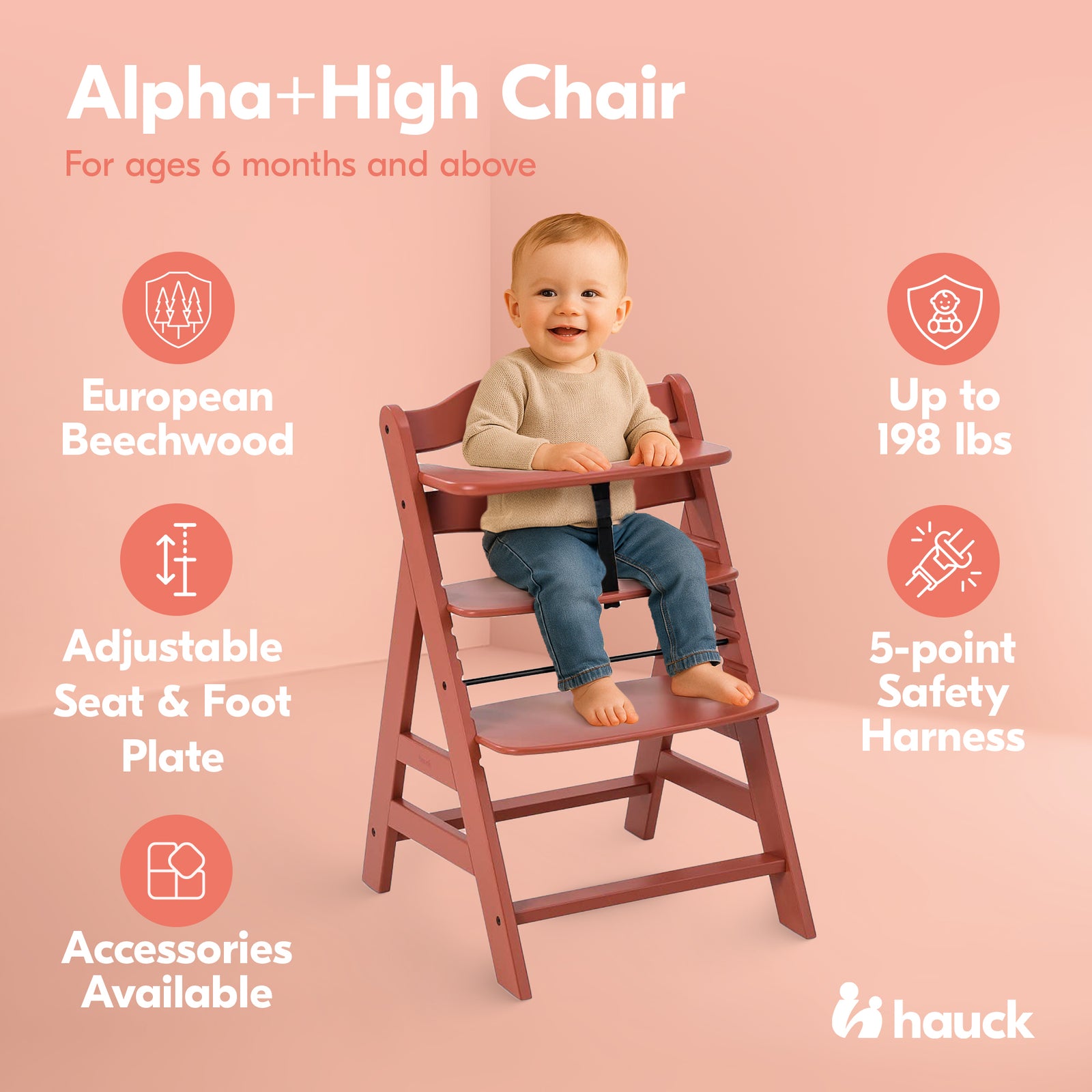hauck Alpha+ Grow Along Adjustable Wooden Highchair, Beechwood, Cork Finish - VMInnovations