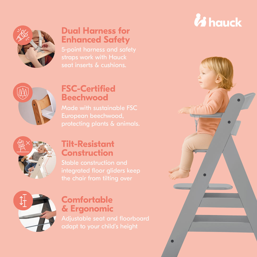 hauck Alpha+ Grow Along Adjustable Wooden Highchair, Beechwood, Grey (Open Box)