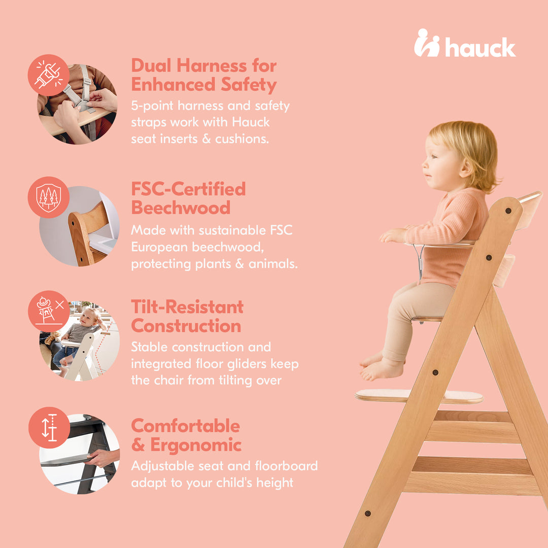 hauck Alpha+ Grow Along Adjustable Wooden Highchair Seat, Beechwood, Natural
