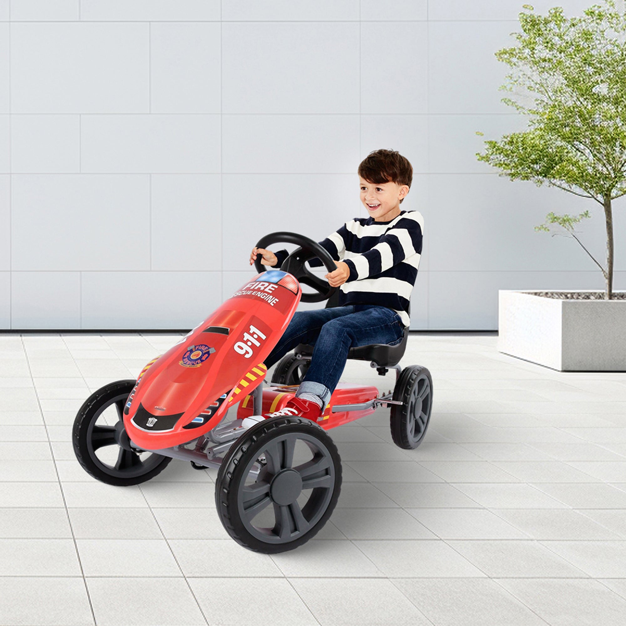 hauck Speedster Pedal Go Kart with Bucket Seat for Kids Ages 4 to 8, Fire Rescue - VMInnovations