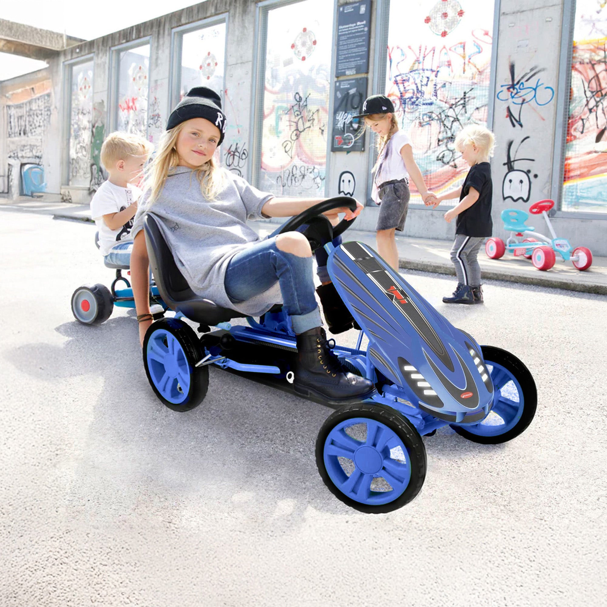 hauck Speedster Pedal Go Kart with Adjustable Bucket Seat, Kids Ages 4-8, Blue - VMInnovations