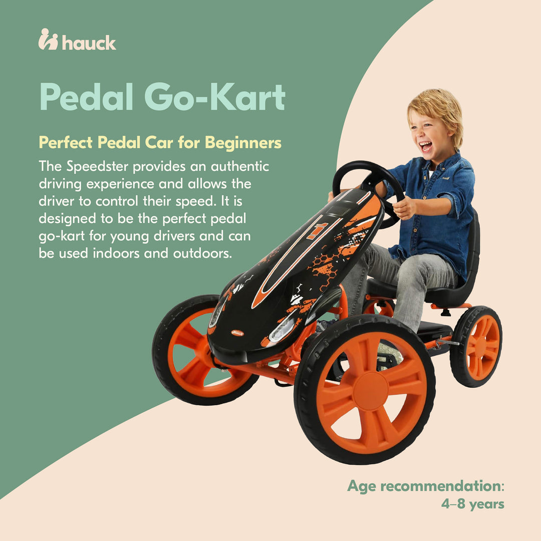 hauck Speedster Pedal Car w/ 3 Way Adjustable Bucket Seat & Steel Frame, Orange