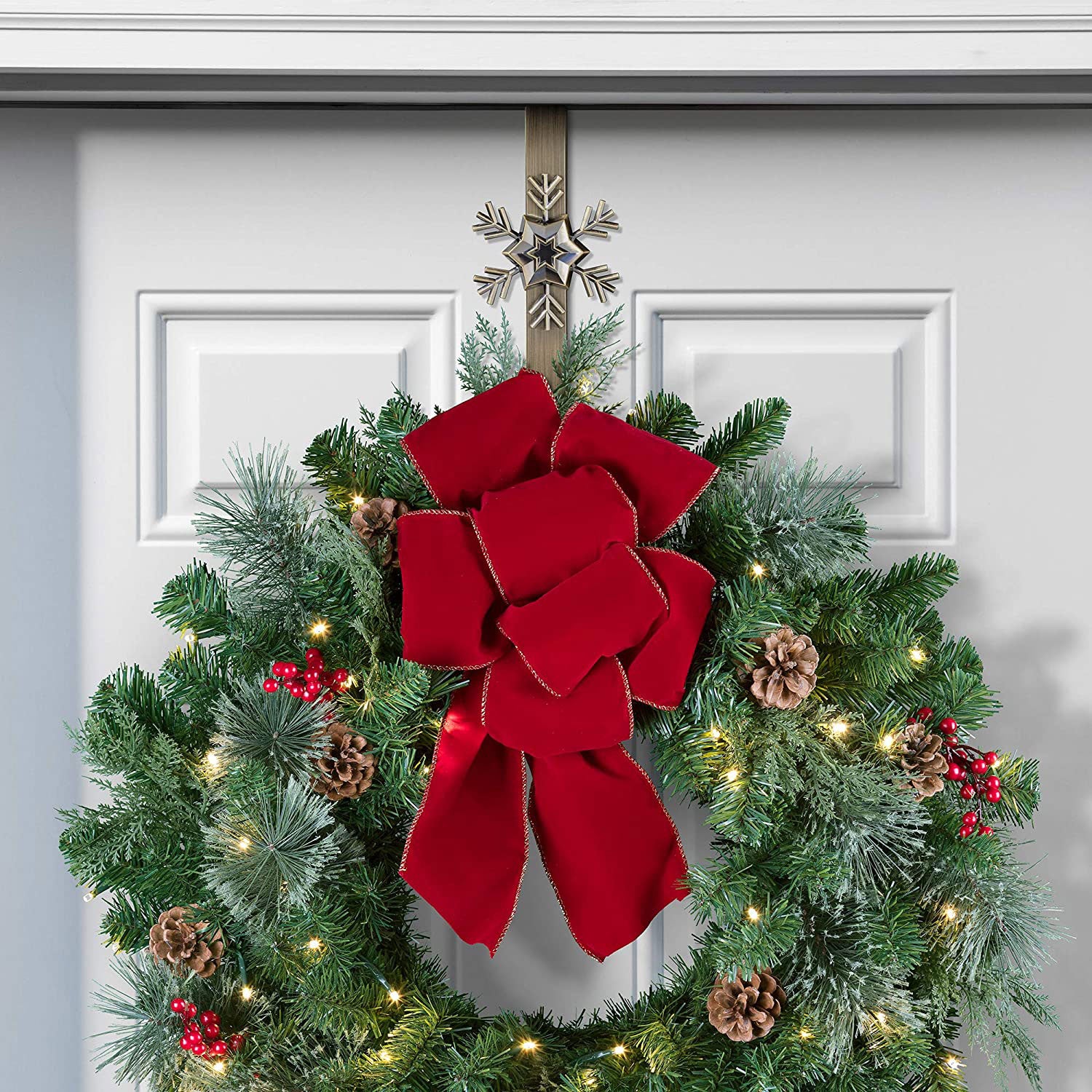 Haute Decor Adjustable Length Wreath Hanger with Snowflake Icon and More, Brass