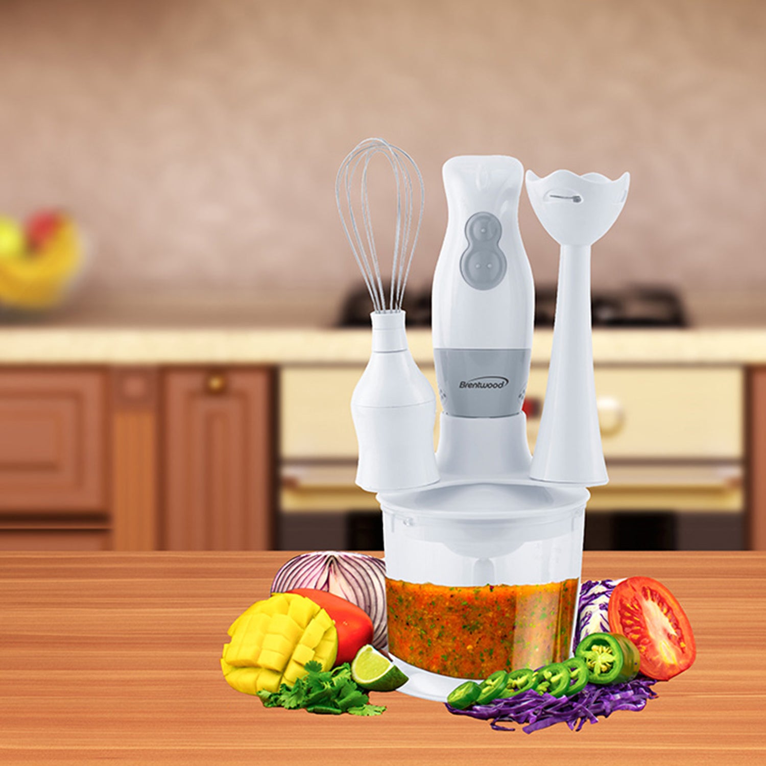 Brentwood Handheld Blender w/ Food Processor & Balloon Whisk Attachments, White