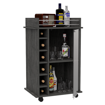 TUHOME Dukat Bar Storage Cabinet Cart for Wine & Liquor w/ Glass Door, Smoky Oak - VMInnovations