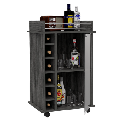 TUHOME Dukat Bar Storage Cabinet Cart for Wine & Liquor w/ Glass Door, Smoky Oak