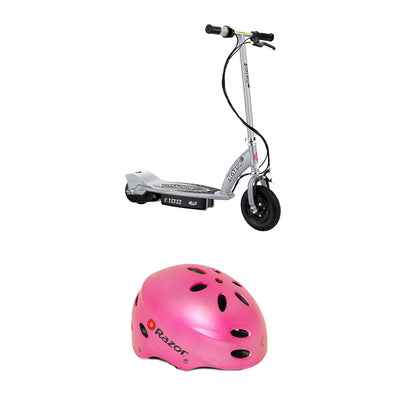 Razor E100 Kids Motorized Ride On Scooter and V17 Youth Sport Helmet, Satin Pink