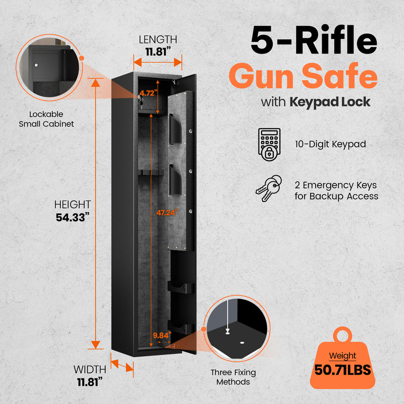 AOBABO 5-Rifle Gun Safe w/ Keypad Lock, Security Cabinet Long Safes Gun Cabinet