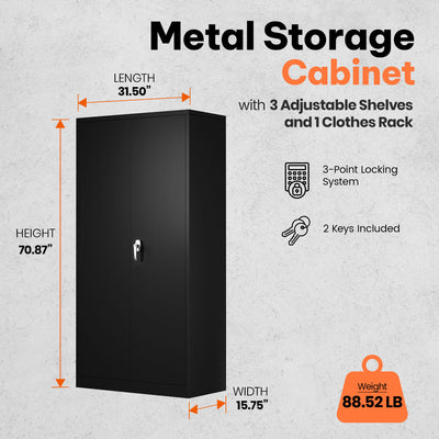 AOBABO Metal Cabinet w/3 Adjustable Shelves & 1 Cloth Rail, Black (Open Box) - VMInnovations