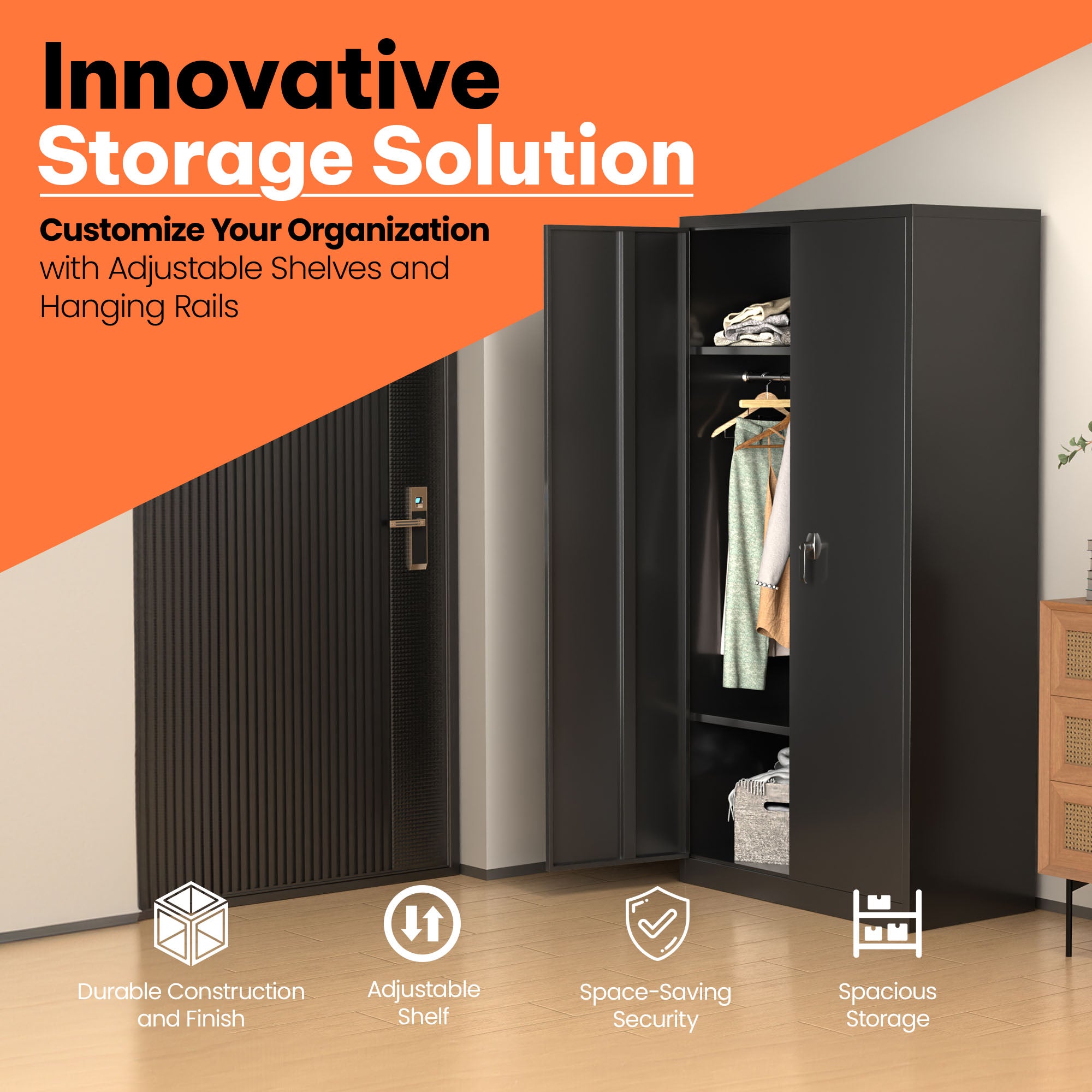 AOBABO Metal Storage Cabinet w/Adjustable Shelf & Cloth Rail, Black (Open Box) - VMInnovations