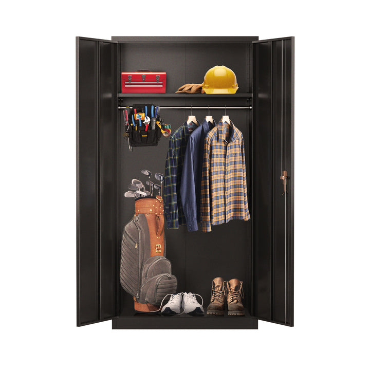 AOBABO Metal Storage Cabinet w/Adjustable Shelf & Cloth Rail, Black (Open Box) - VMInnovations