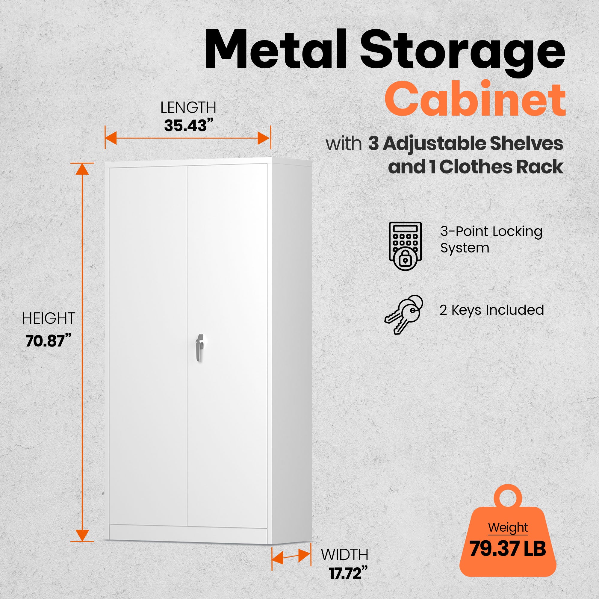 AOBABO Metal Storage Cabinet with 3 Adjustable Shelves and 1 Cloth Rail, White - VMInnovations