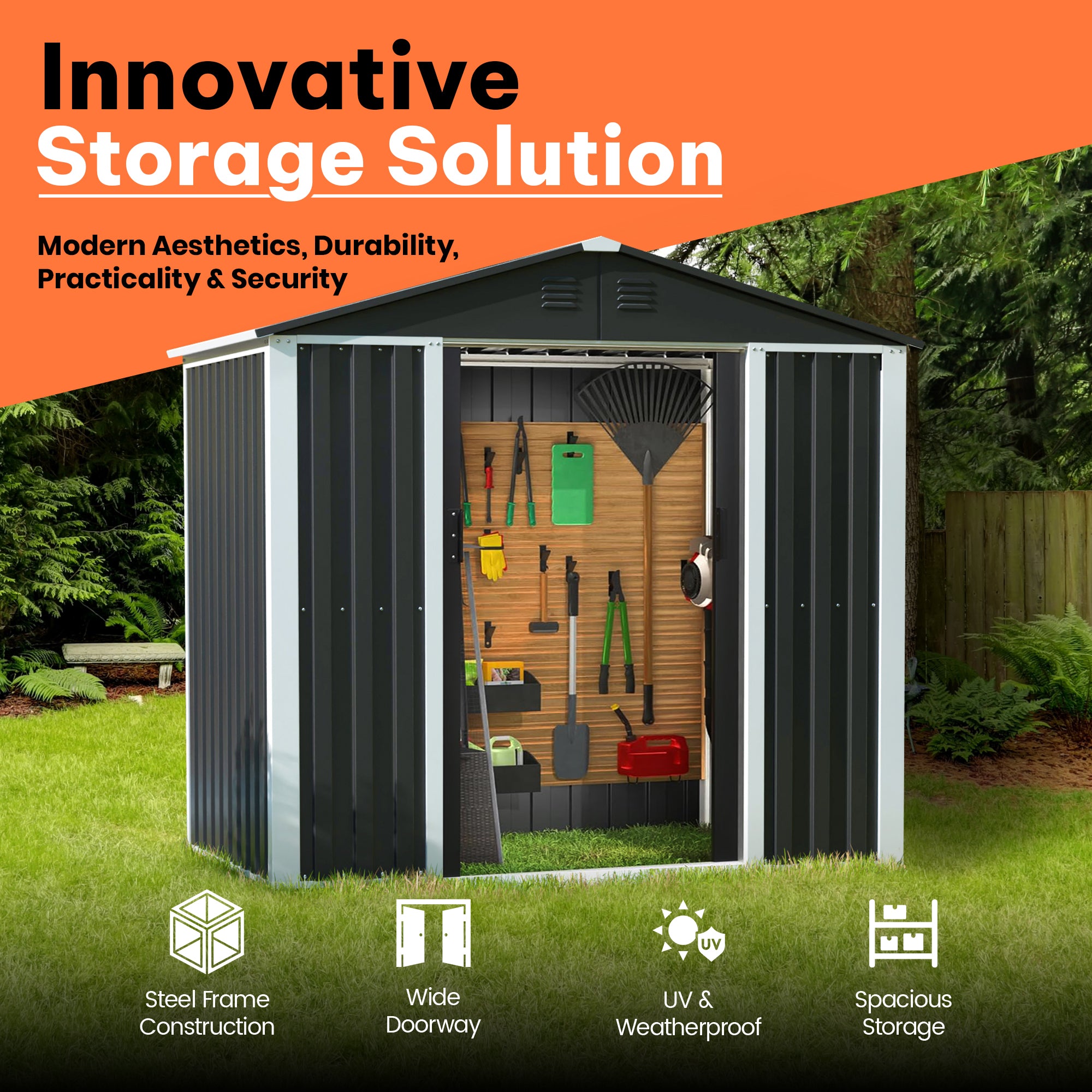 AOBABO Metal 6' x 4' Outdoor Utility Tool Storage Shed with Door and Lock, Black