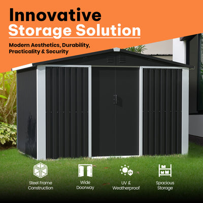 AOBABO Metal 6' x 8' Outdoor Utility Tool Storage Shed with Door and Lock, Black - VMInnovations