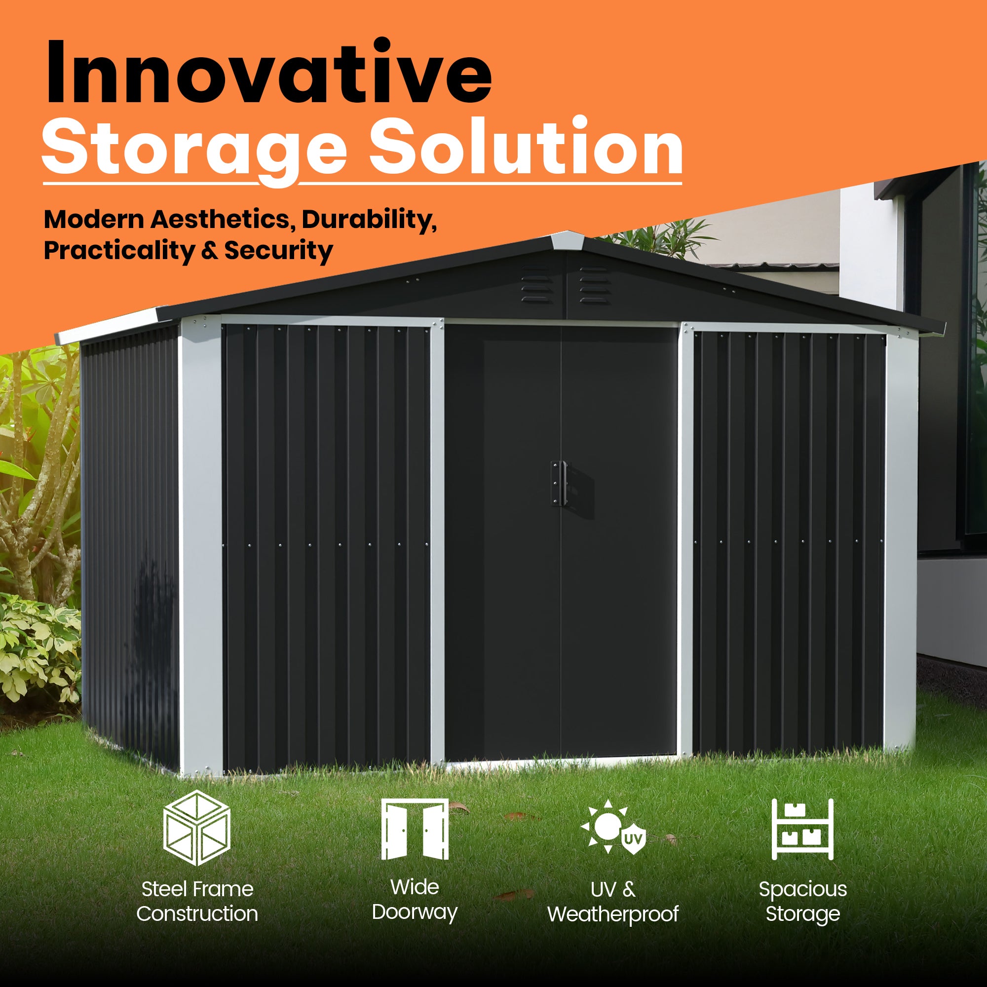 AOBABO Metal 6' x 8' Outdoor Utility Storage Shed with Door & Lock, Black (Used) - VMInnovations
