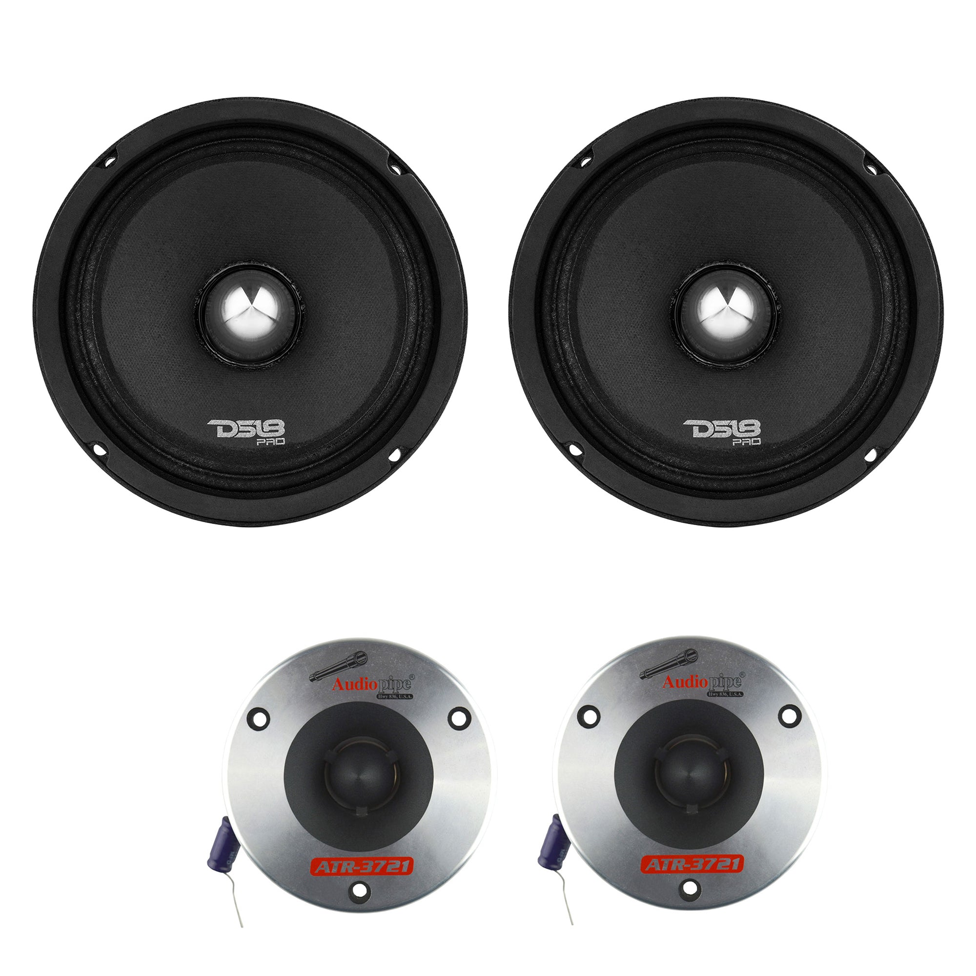 DS18 6.5" 500W Car Speaker (2 Pack) & Audiopipe 3.75" 350W Bullet Tweeter, Pair