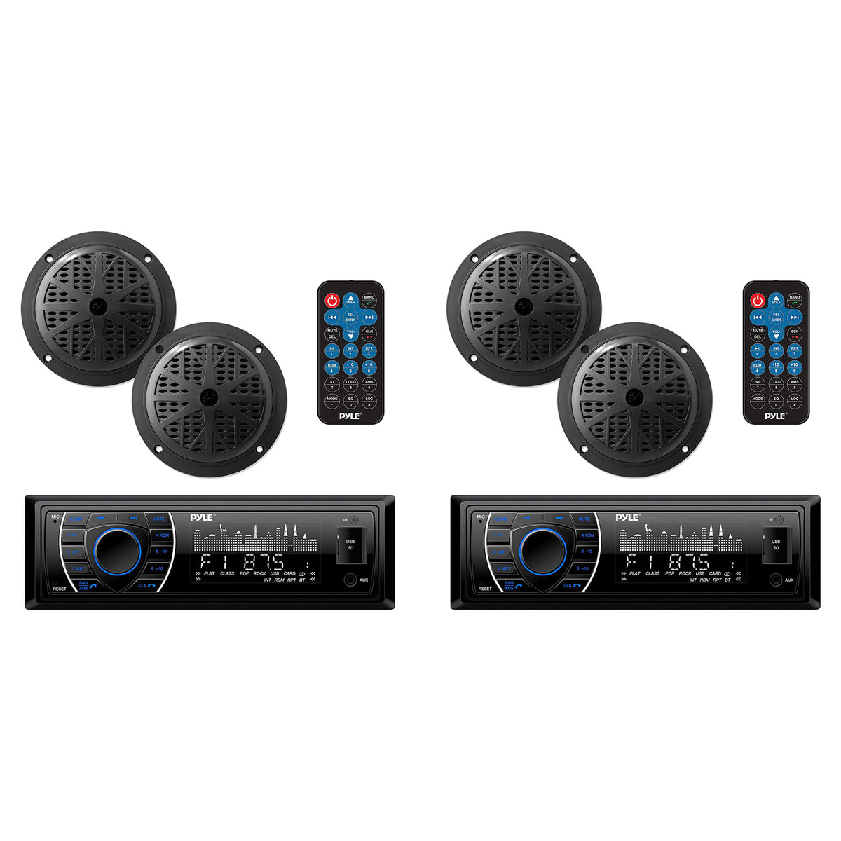Pyle 5.25 Inch Bluetooth Marine Receiver Stereo & Speaker Kit, Black (2 Pack)