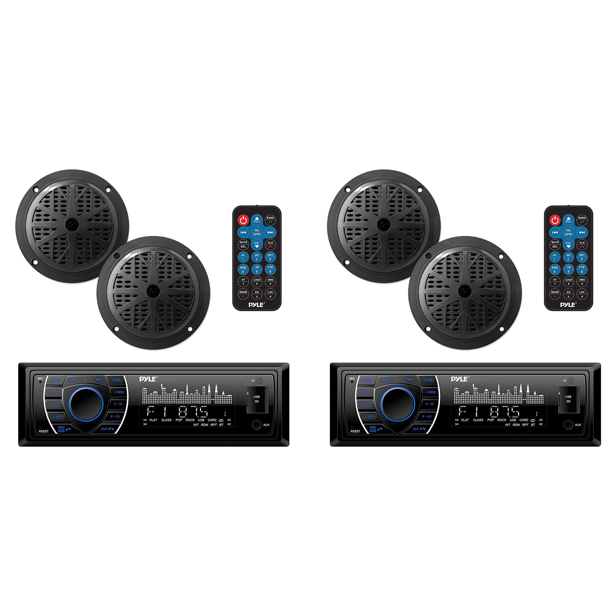 Pyle 5.25 Inch Bluetooth Marine Receiver Stereo & Speaker Kit, Black (2 Pack)