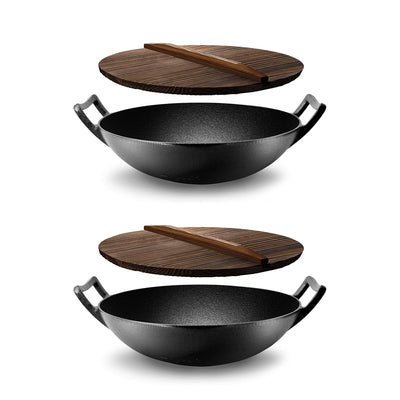 NutriChef Pre Seasoned Cooking Wok Cast Iron Stir Fry Pan w/ Wooden Lid (2 Pack)