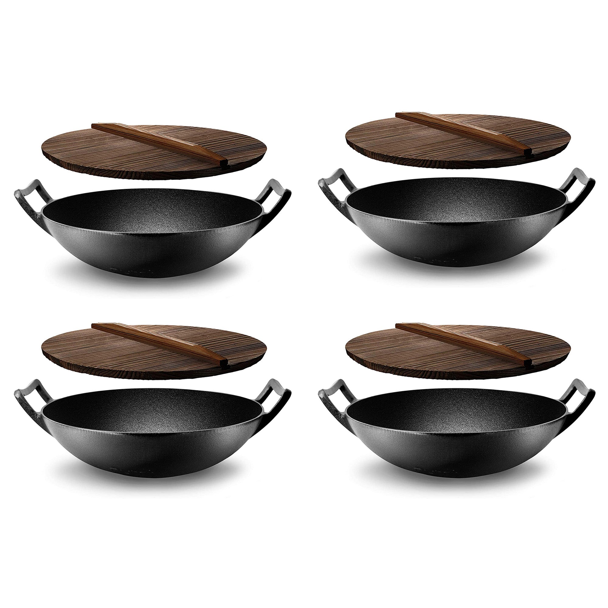 NutriChef Pre Seasoned Cooking Wok Cast Iron Stir Fry Pan w/ Wooden Lid (4 Pack) - VMInnovations