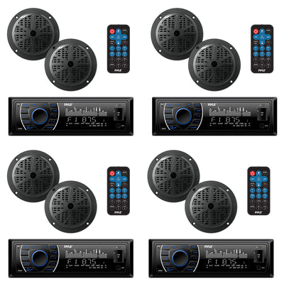 Pyle 5.25 Inch Bluetooth Marine Receiver Stereo & Speaker Kit, Black (4 Pack)