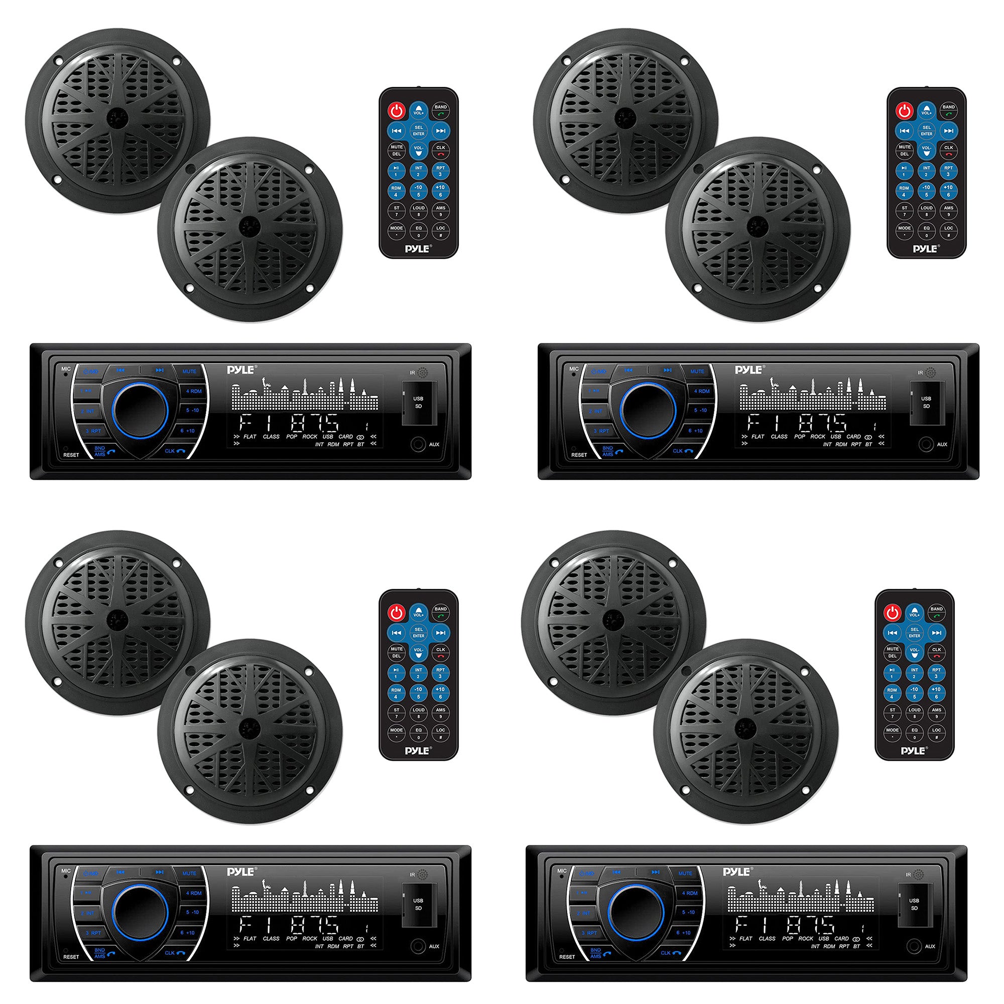 Pyle 5.25 Inch Bluetooth Marine Receiver Stereo & Speaker Kit, Black (4 Pack)