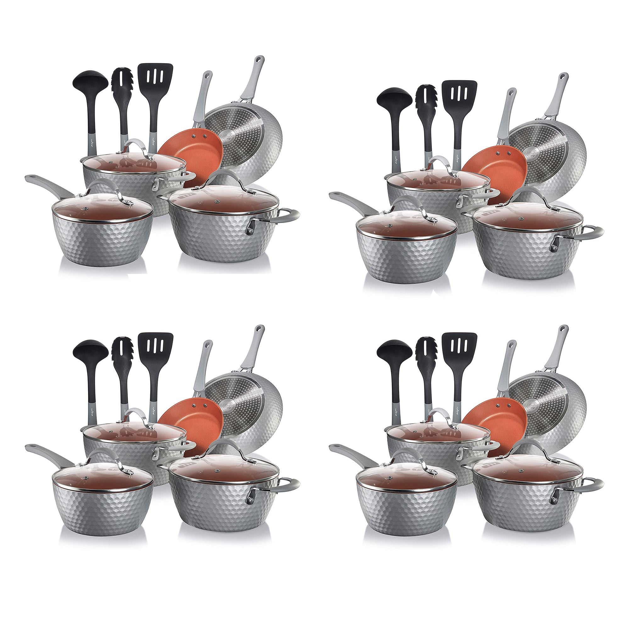 NutriChef 11 Pc Nonstick Diamond Kitchen Cookware Pot & Pan Set, Gray (4 Pack)