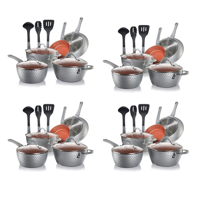 NutriChef 11 Pc Nonstick Diamond Kitchen Cookware Pot & Pan Set, Gray (4 Pack)