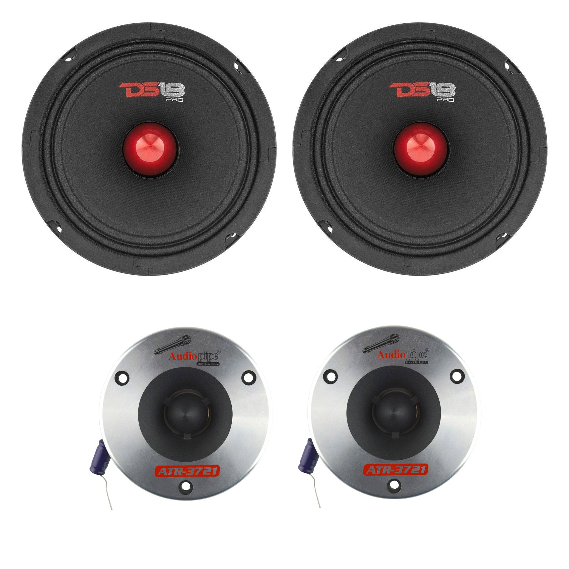 DS18 Pro GM 6.5" 480 Watt Car Speaker (2 Pack) w/Audiopipe 3.75" Bullet Tweeters
