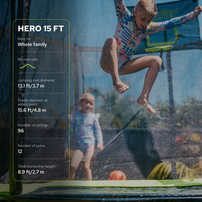 JumpFlex HERO 15' Trampoline with PROJAM Hero Basketball Hoop and Net Attachment