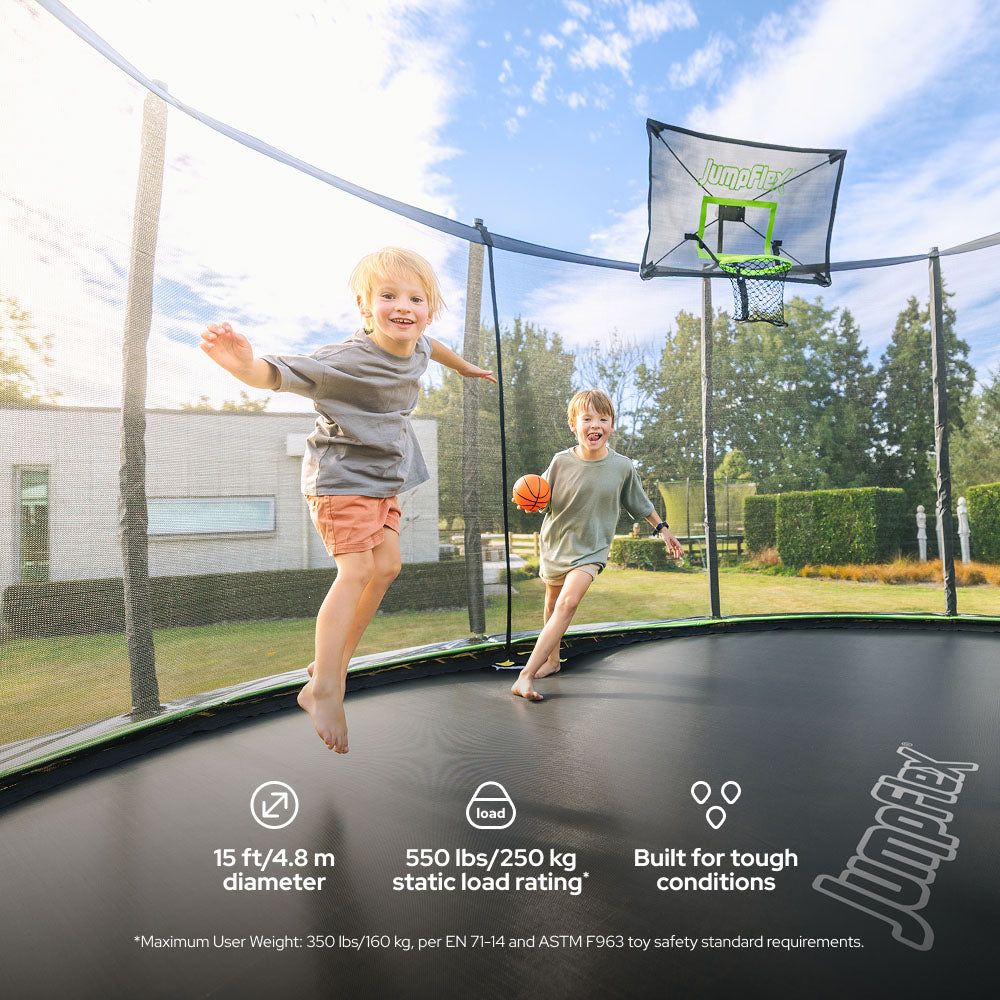 JumpFlex HERO 15' Trampoline with PROJAM Hero Basketball Hoop and Net Attachment