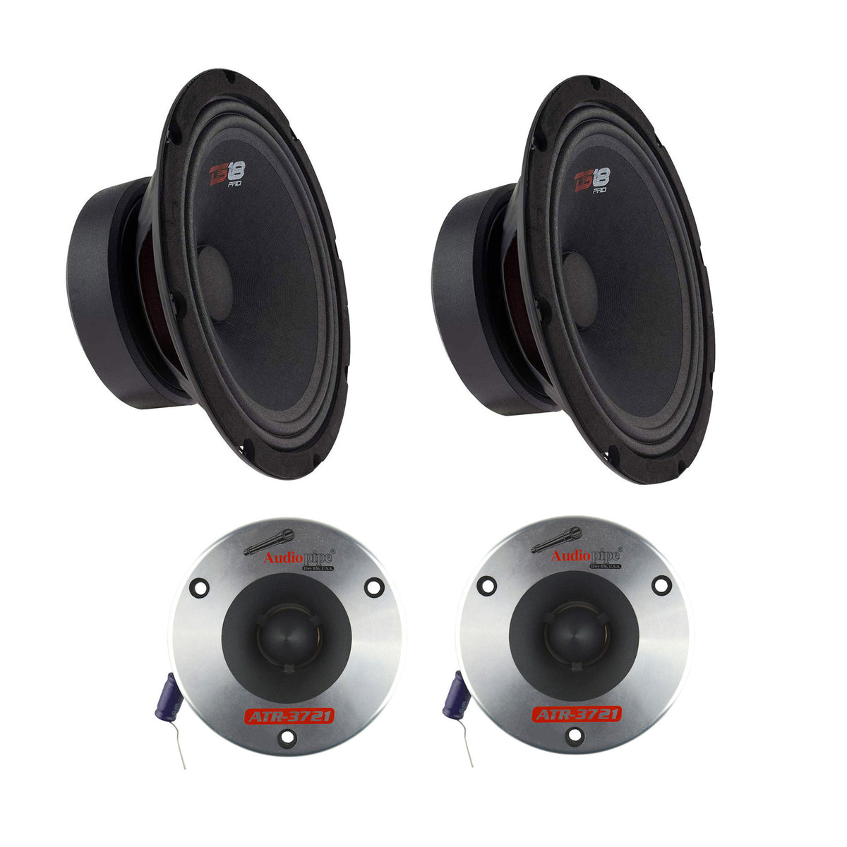 DS18 Pro 6.5" 480W Car Speaker (2 Pack) w/Audiopipe 3.75" 350W Bullet Tweeters