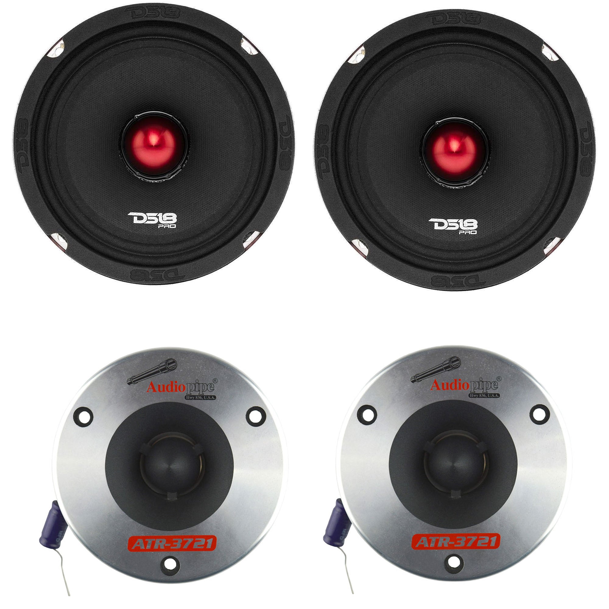 DS18 Pro X 6.5" 500W Car Speaker (2 Pack) w/Audiopipe 3.75" Bullet Tweeter, Pair
