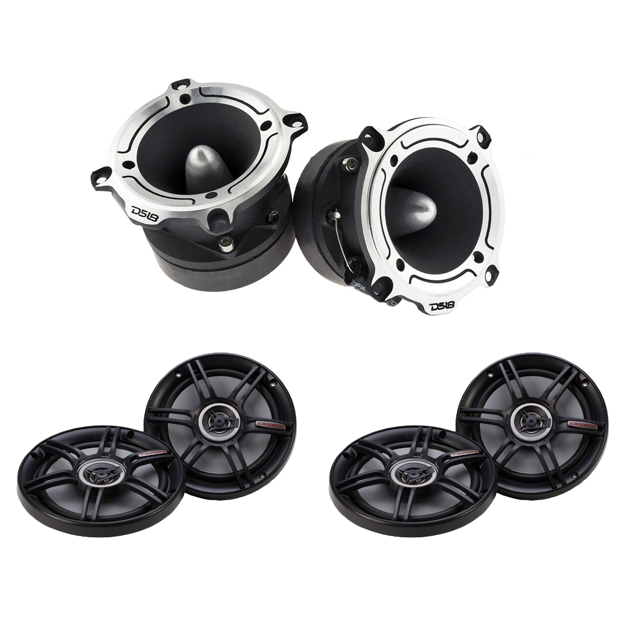 DS18 PRO 1" 350W Bullet Tweeter, Pair w/Crunch 300W 6.5" Speakers (2 Pairs)