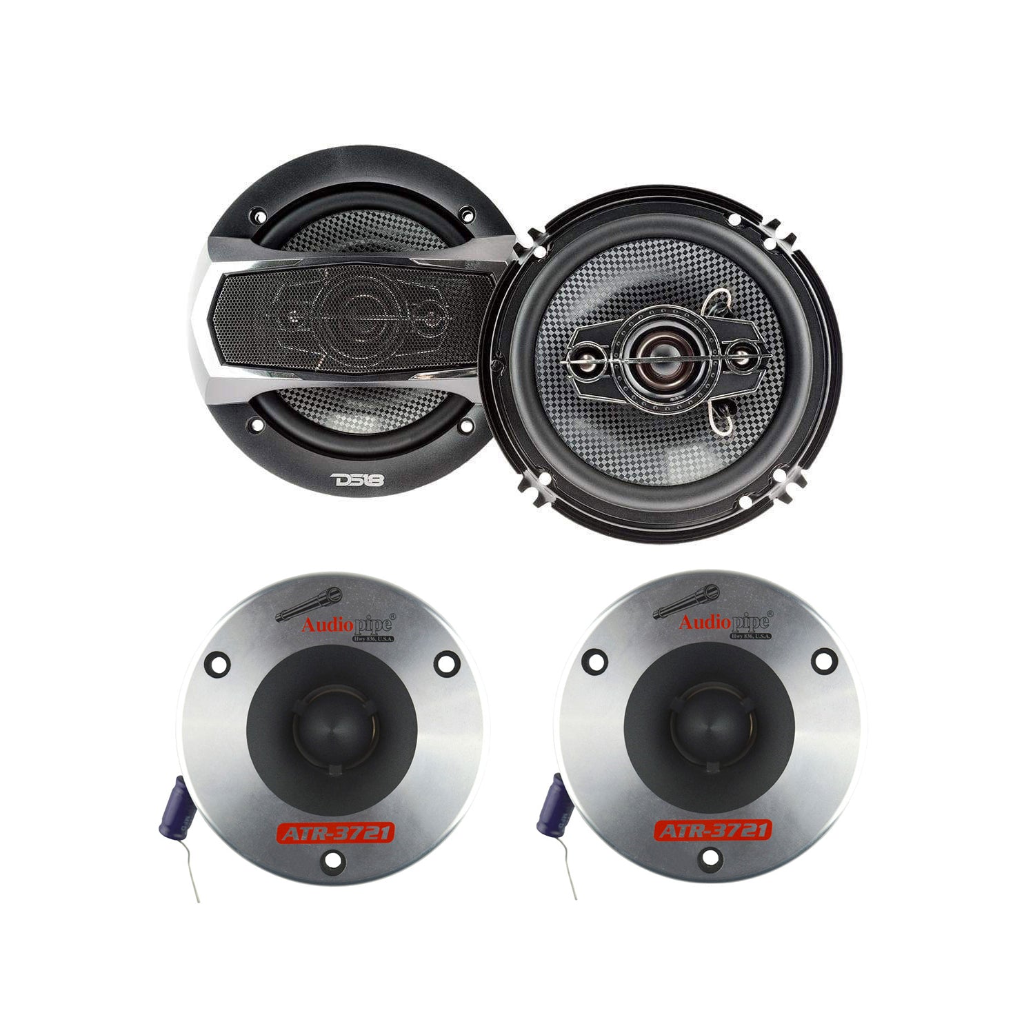 DS18 SELECT 6.5" 4 Way Car Speaker, Pair w/Audiopipe 3.75" Bullet Tweeter, Pair