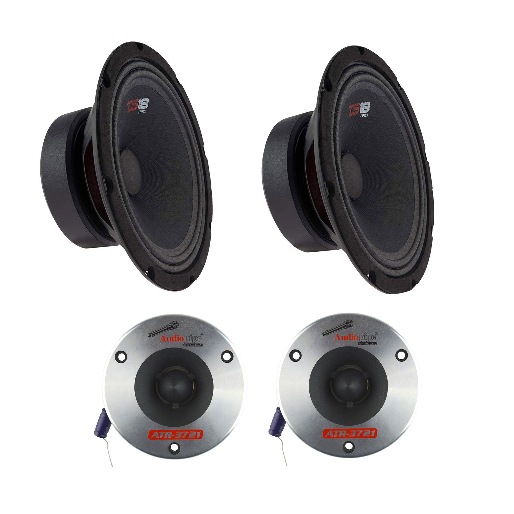 DS18 Pro 6.5" 480W Car Speaker (2 Pack) w/Audiopipe 3.75" 350W Bullet Tweeters