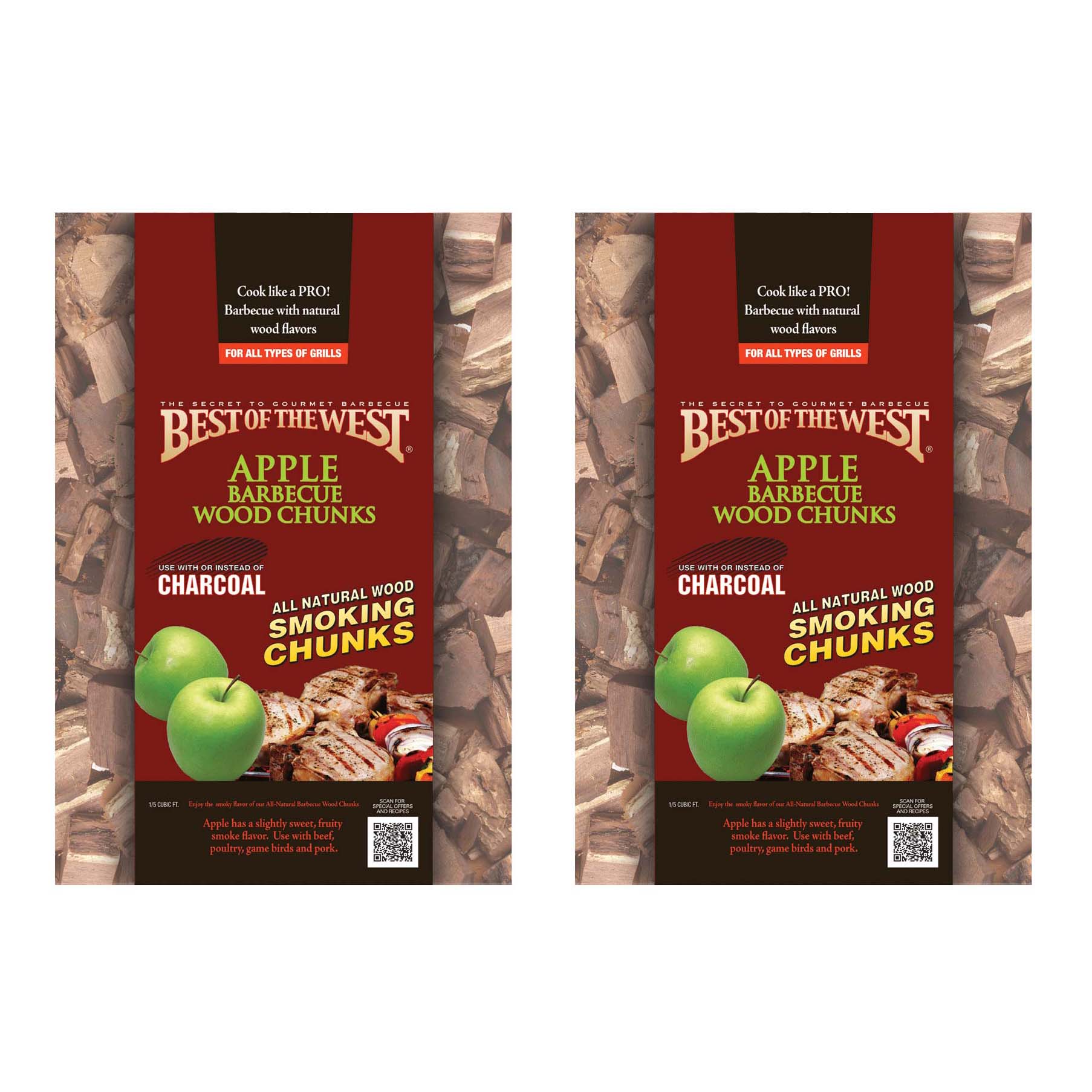 Best of the West 1/5 Cu. Ft. Bag of Natural Smoking Wood Chunks, Apple (2 Pack)
