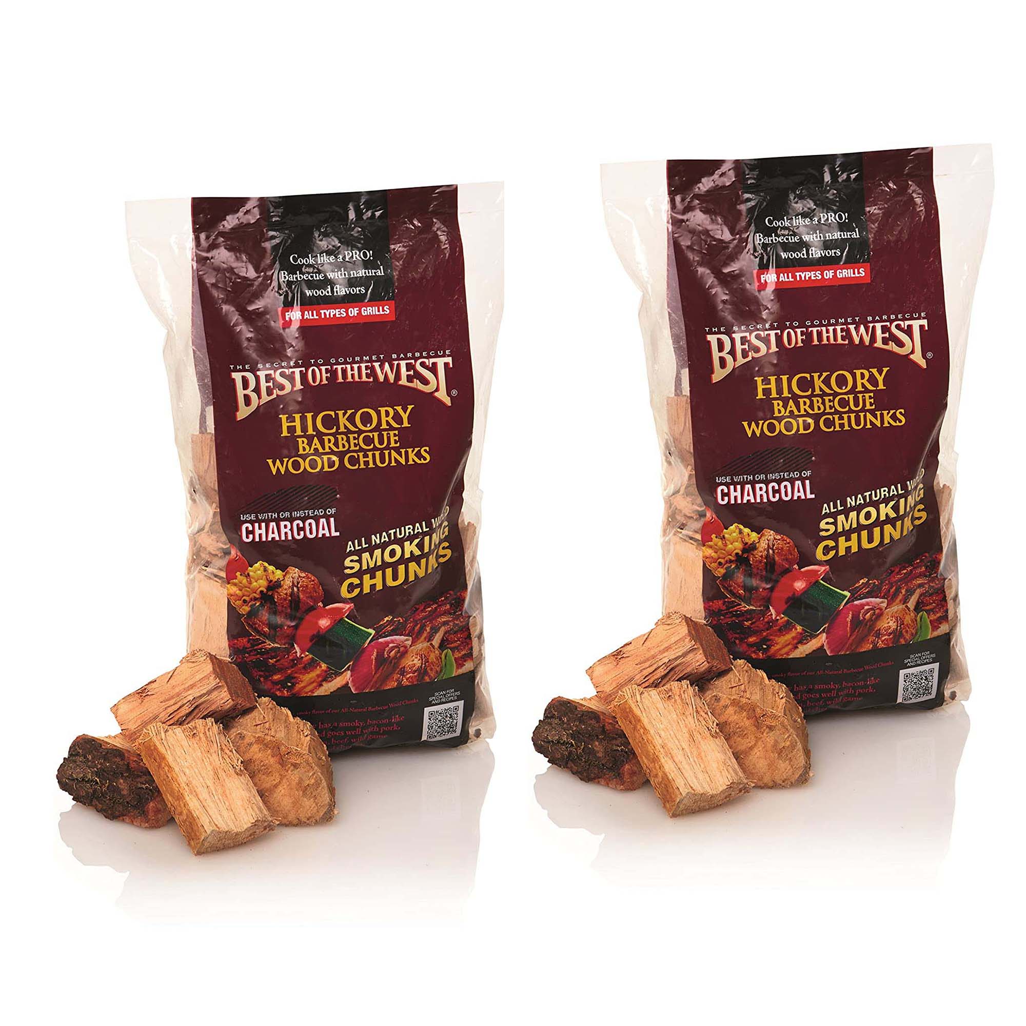 Best of the West 1/5 Cu Ft Bag of Natural Smoking Wood Chunks, Hickory (2 Pack)